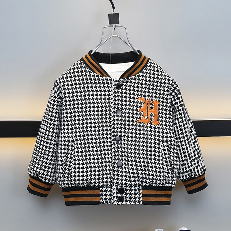 Spring and Autumn 2024 Boys' Fashionable Leisure Breathable Embroidered Letter EH Thousand Bird Plaid Coat 2-8 Years Old