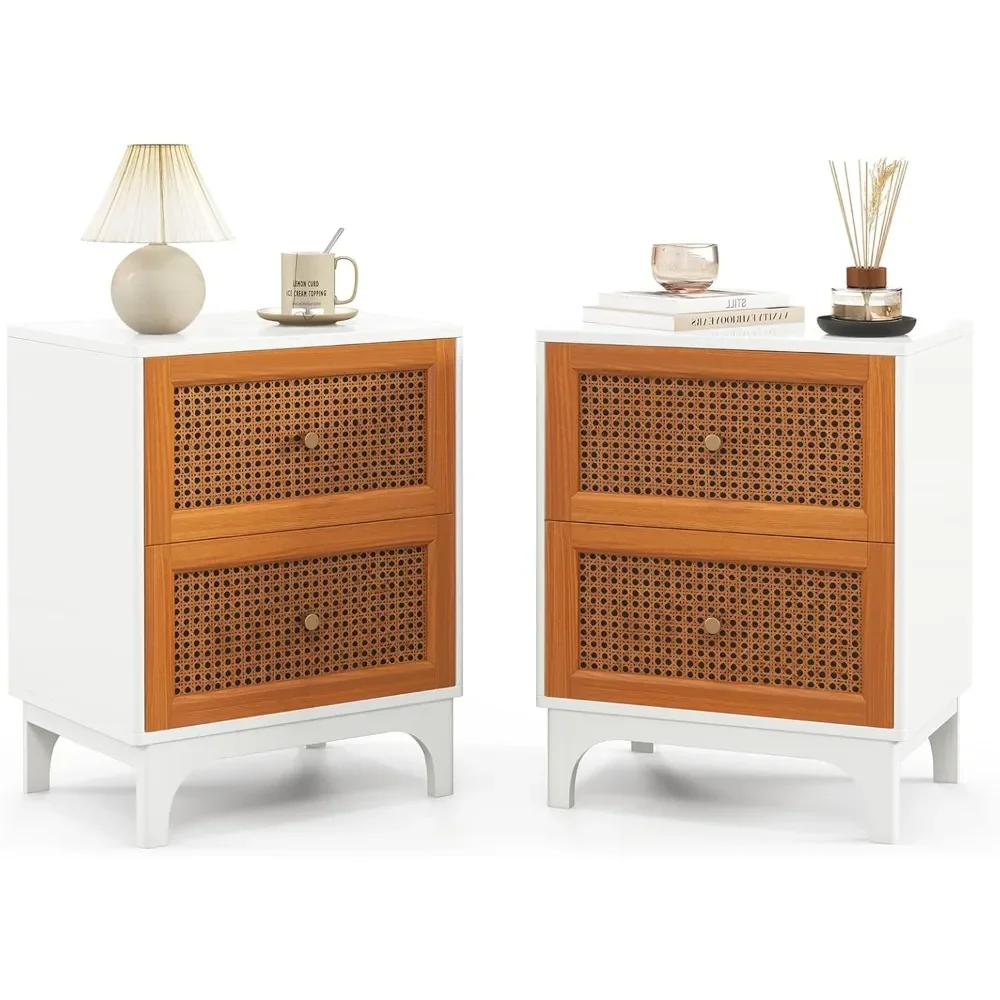 

Boho 2 Drawers Night Stand with Handles, Cane Accent Sofa Side Table with Solid Wood Legs fo Small Spaces