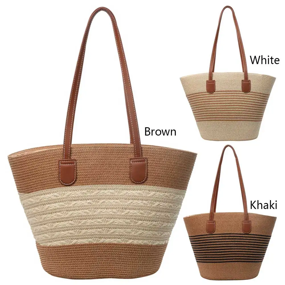 

Women Fashion Tote Bag with Zipper Stripe Woven Summer Daily Bag Large Capacity Handmade Bag for Shopping Work Beach Bag