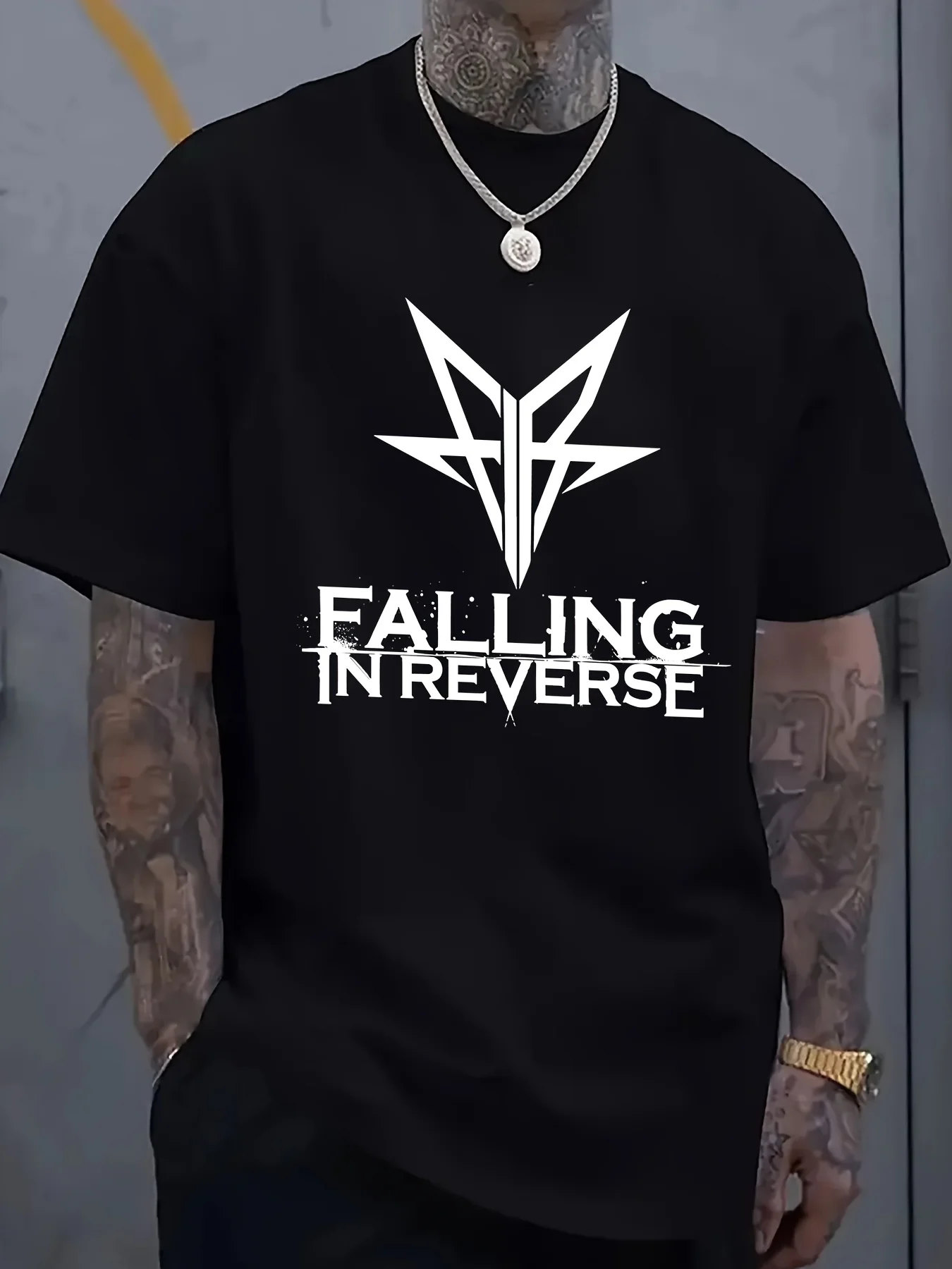 

Falling in Reverse Men s Graphic T-Shirt - Black Casual Short Sleeve Cotton Tee with Bold White Print Round Neck