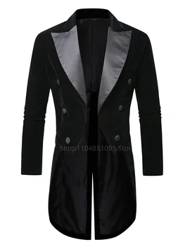 Black Velvet Tailcoat Suit Jacket Male Double Breasted Wedding Groom Tuxedo Peak Lapel Blazer Men Party Stage Prom Costume 4