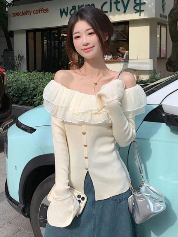 Slash Neck Pullovers Women Sweet Ruffles Off-shoulder Sweater Hotsweet Spring Gentle Feminine Sexy Knit Korean Fashion Clothing