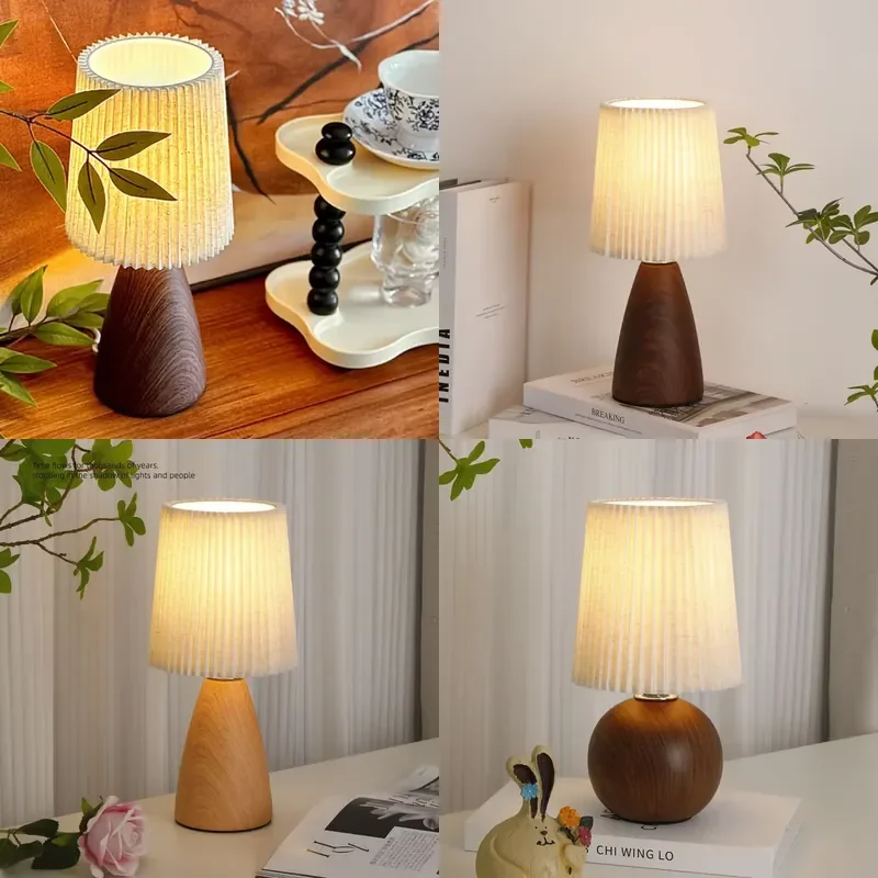 

Vintage LED Table Lamp Bedroom Pleated USB Study Night Light Indoor Room Desktop Decorative Ambiance Bedrooms LED Bedside