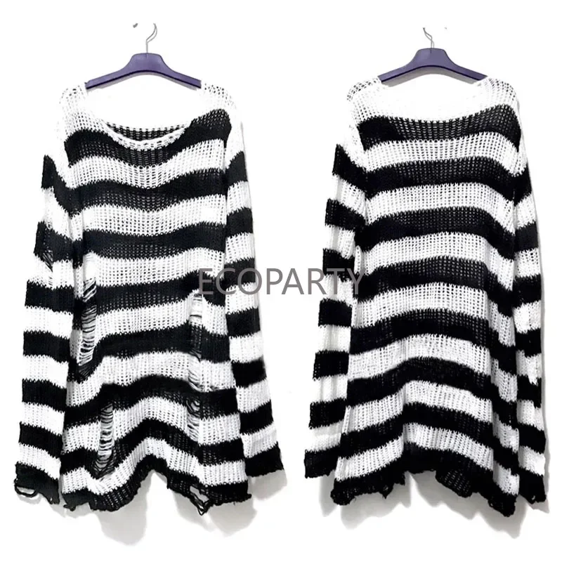 New Goth Punk Gothic Sweater Oversized Pullovers Women Striped Cool Hollow Out Hole Broken Jumper Harajuku Aesthetics Sweater