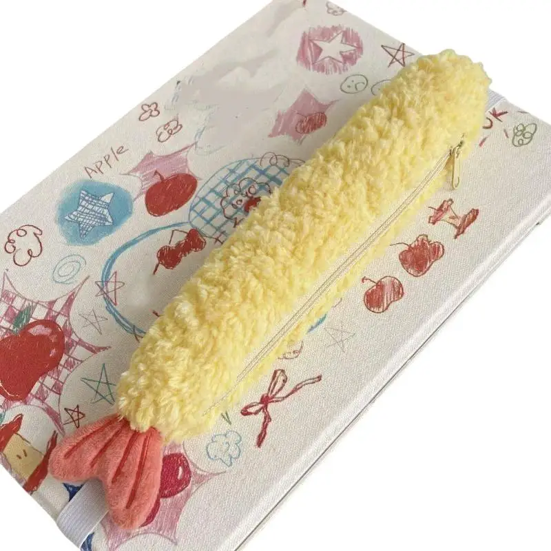 1 Stück super süßes Federmäppchen mit gebratenen Garnelenschwänzen, einlagiger tragbarer Schreibwaren-Organizer mit INS-Stil-Fleece, Schüler-Schreibwaren-Etui – Detail 4
