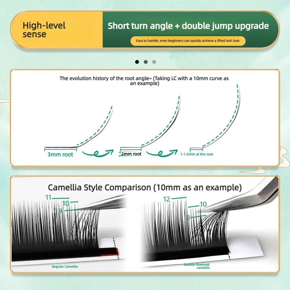 short-rooted, fluffy camellia grafted eyelashes with a high-density, non-falling texture, mimicking  look of a sunflower