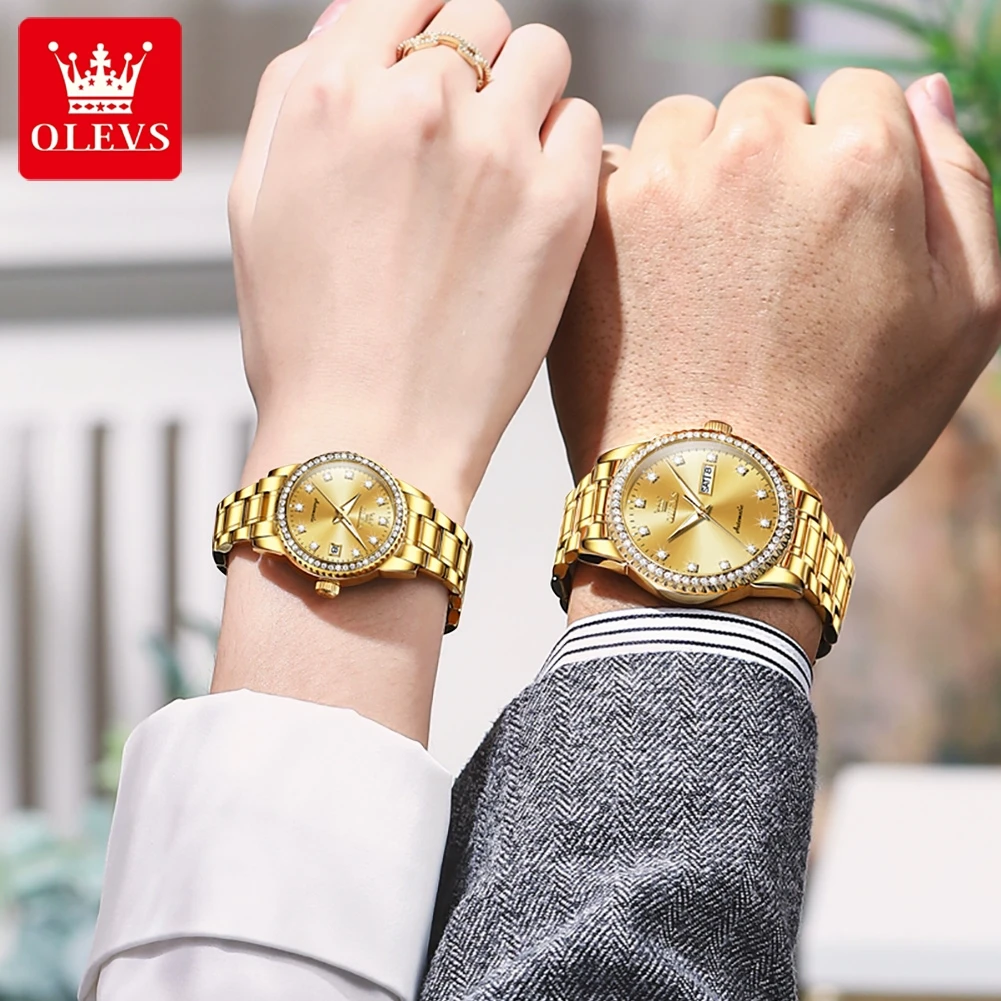 OLEVS Diamond Couple Watch Luxury Automatic Mechanical Wrist Watch Gift For Women Waterproof Date Stainless Steel Strap 7003