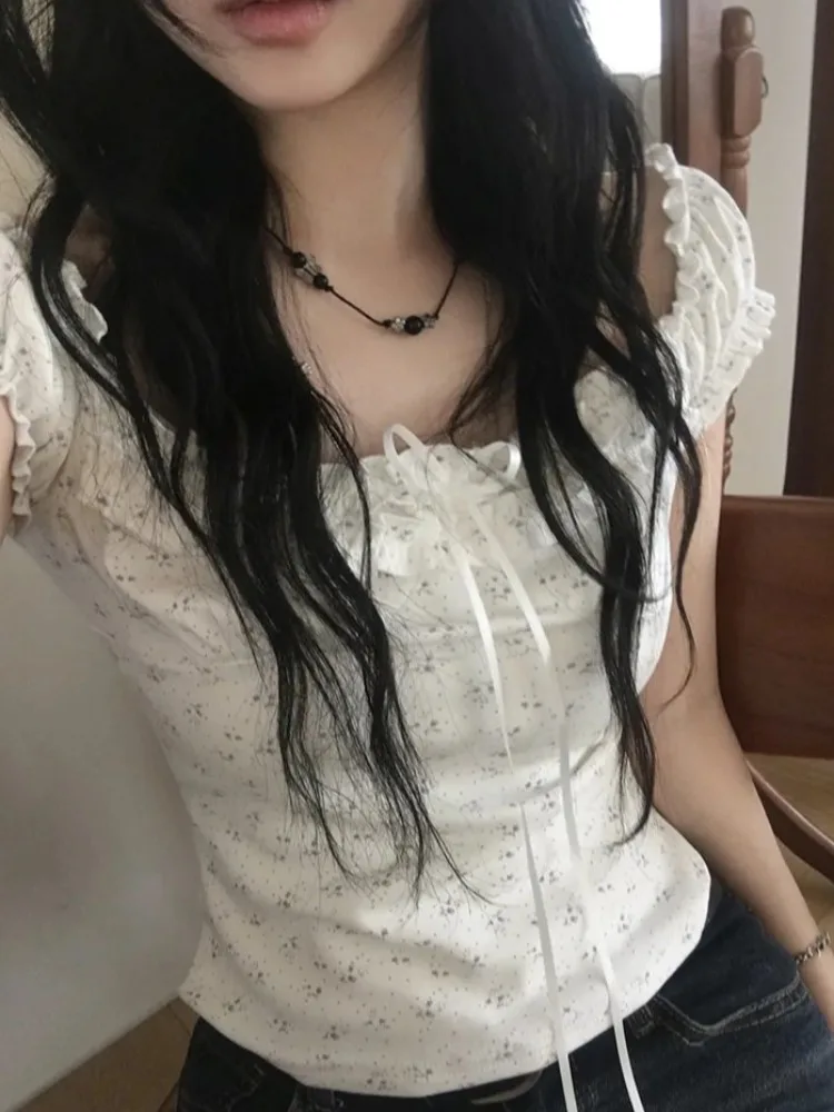Korean Style Sweet Anti-Aging Floral Lace Bubble Sleeve Short Sleeve T-Shirt Bow Tie Square Collar Women's Top Cotton Pure