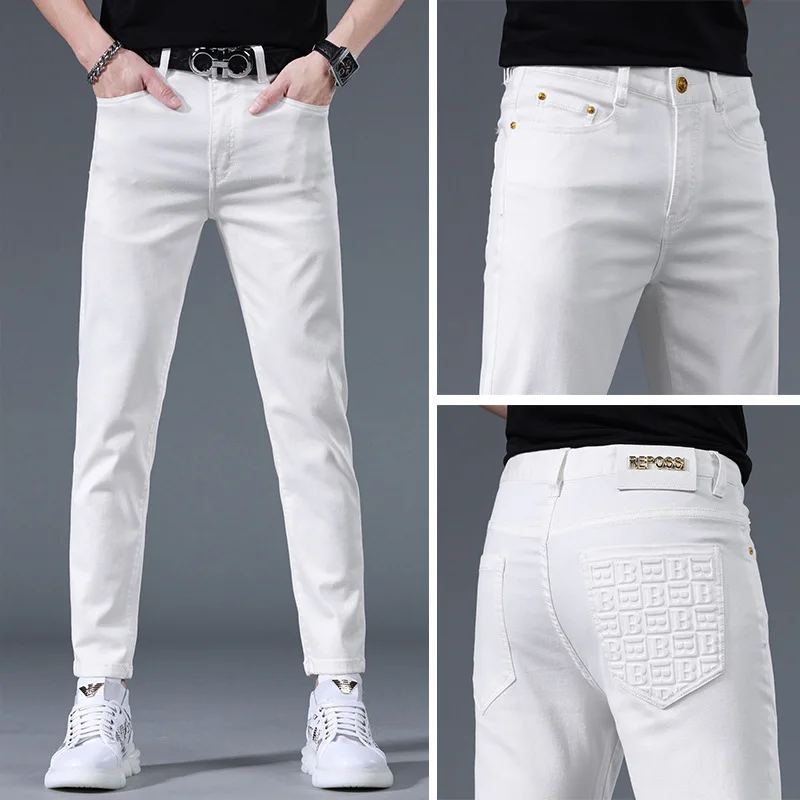 

White jeans for men2024new slim fit ankle-tied trendy three-dimensional printing affordable luxury fashion casual black pants