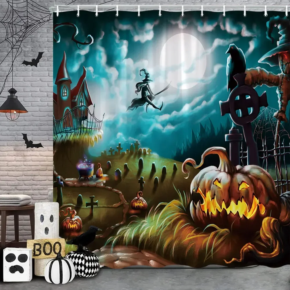 Bathroom Halloween Gnome Truck Shower Curtain Pumpkin Trick-or-Treaters Spooky Witch Spooky Skull Fabric Shower Curtain Festive