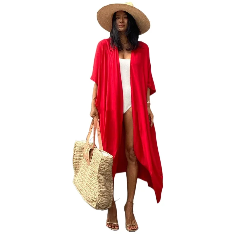 Vestido de playa con cinturón para mujer, Kimono de Color liso, ropa de playa, traje de baño, cárdigan