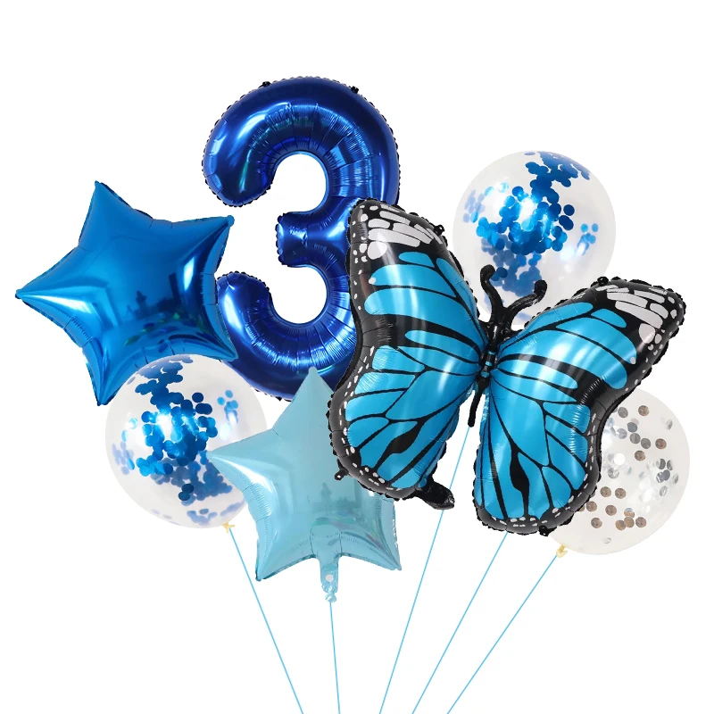 7Pcs Blue Butterfly Digital Balloons Set 30Inch Number Bow Air Globos Boys Girl\'s Birthday Party Home Decorations Kids Toys Gift