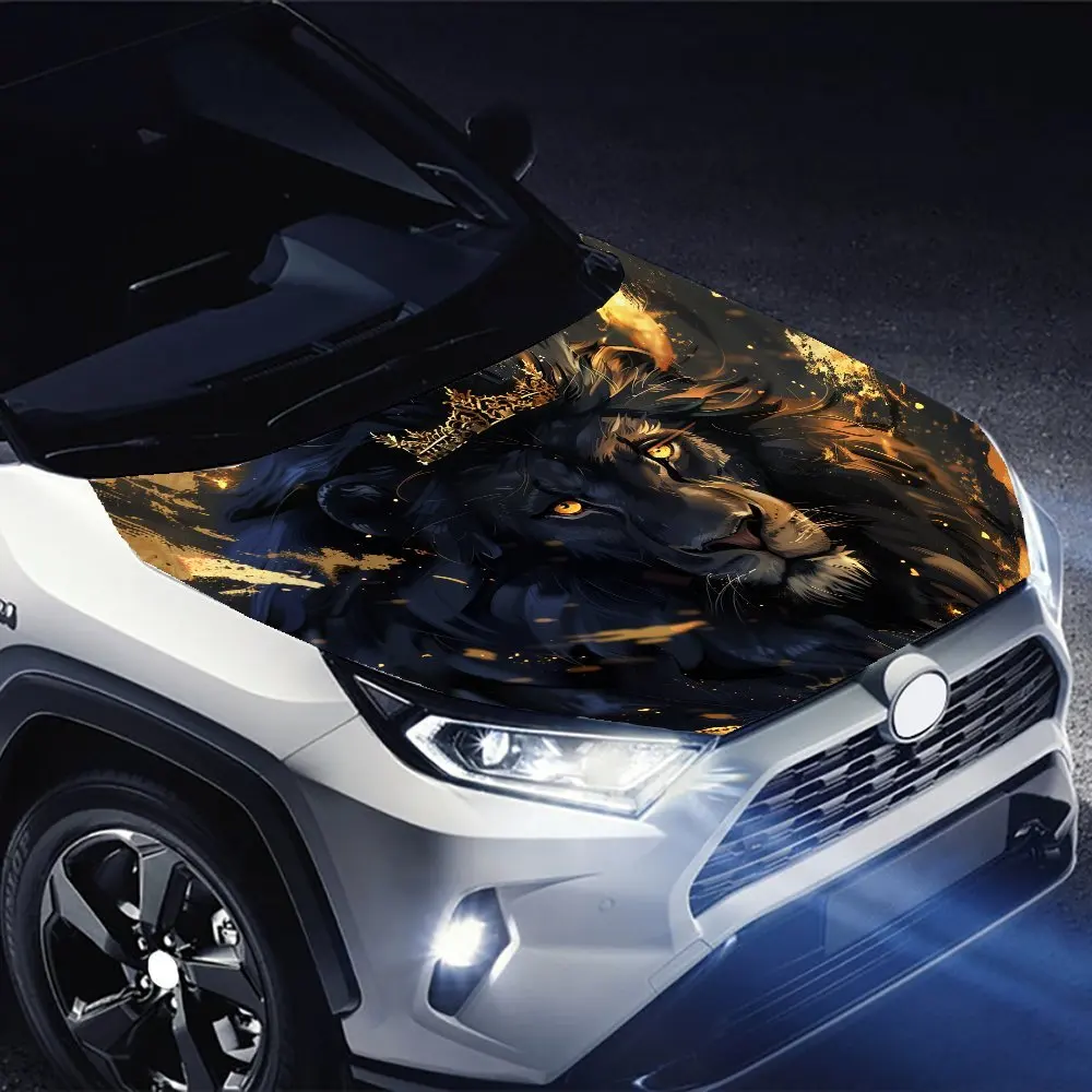 غلاف فينيل للسيارة من Black Lion King - ملصق غطاء محرك مذهل، PVC مقاوم للرذاذ، سهل الإزالة، مناسب للسيارات، ذاتي اللصق، وات