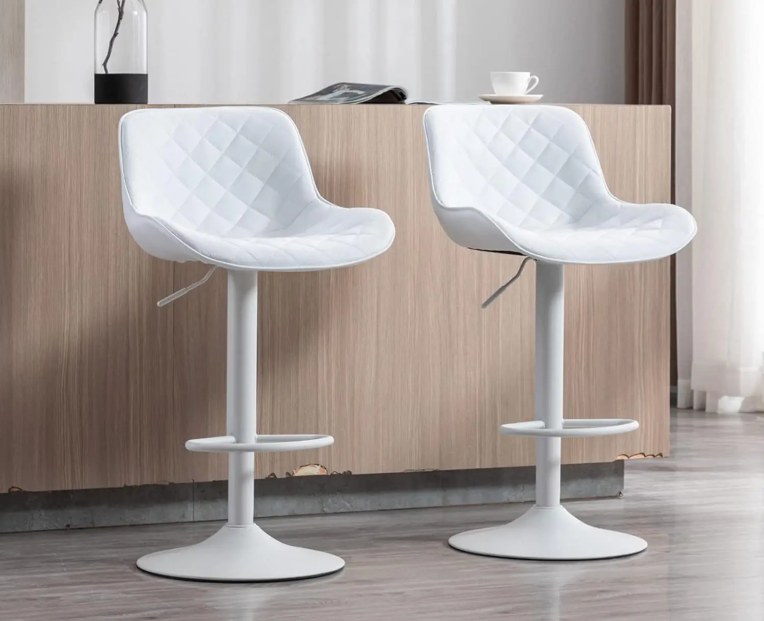 

Barstools with Back Adjustable Height Bar Chairs with Metal Base White Leather Upholstered Island Stools for Home Bar/Pub