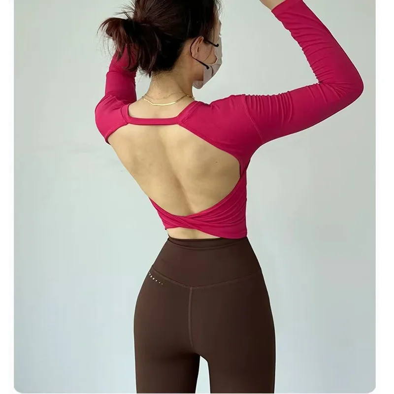 

Yoga Long Sleeved Women's Fixed Chest Cushion Sexy Backless Short Sports T-shirt With Waist Cinching And Slimming Fitness Vest