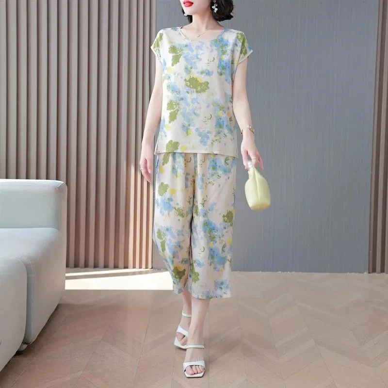 Cotton Silk Short Sleeved Set Women Summer Fashion Loose Fitting Flesh Blocking Slimming Seven Inch Wide Leg Pants Two-piece Set