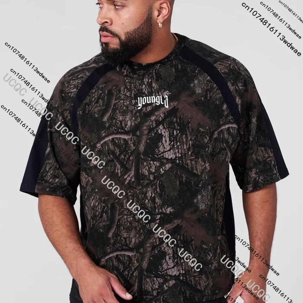 النمط الأمريكي الجديد الرجال المتضخم تي شيرت الركض رياضة العضلات الرياضة اللياقة البدنية التمويه الربط مطبوعة قصيرة الأكمام رداء علوي غير رسمي