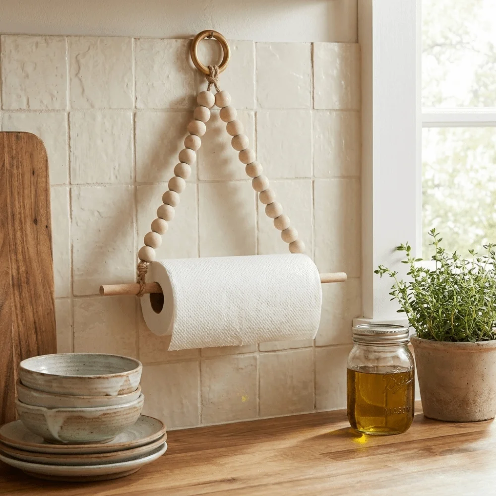 Bohemian Non Punching Bead Paper Roll Holder Wall Mounted Hanging Tissue Holder Space Saving Rustic Toilet Paper Rack Hotel