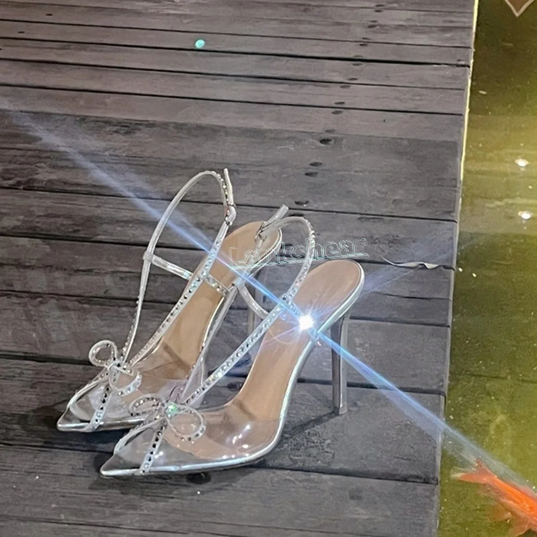 

Transparent Pointed Toe Women Sandals Sliver Rhinestone Butterfly Thin High Heels Ankle Strap Buckle Thin High Heels