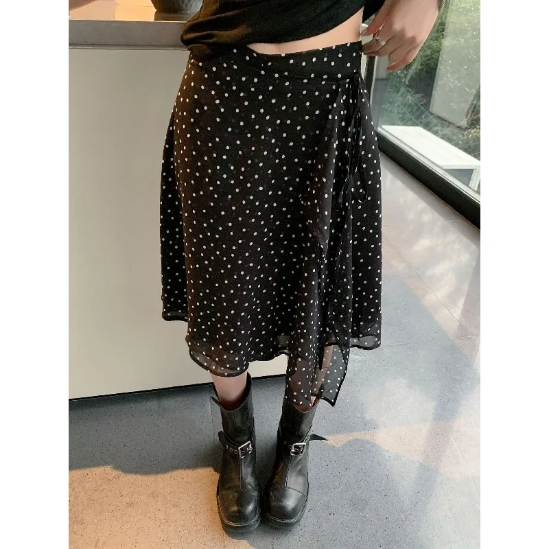Summer Polka Dot Skirt Korean Version of Sweet Lace-up Medium Skirt High Waist A-shaped Skirt