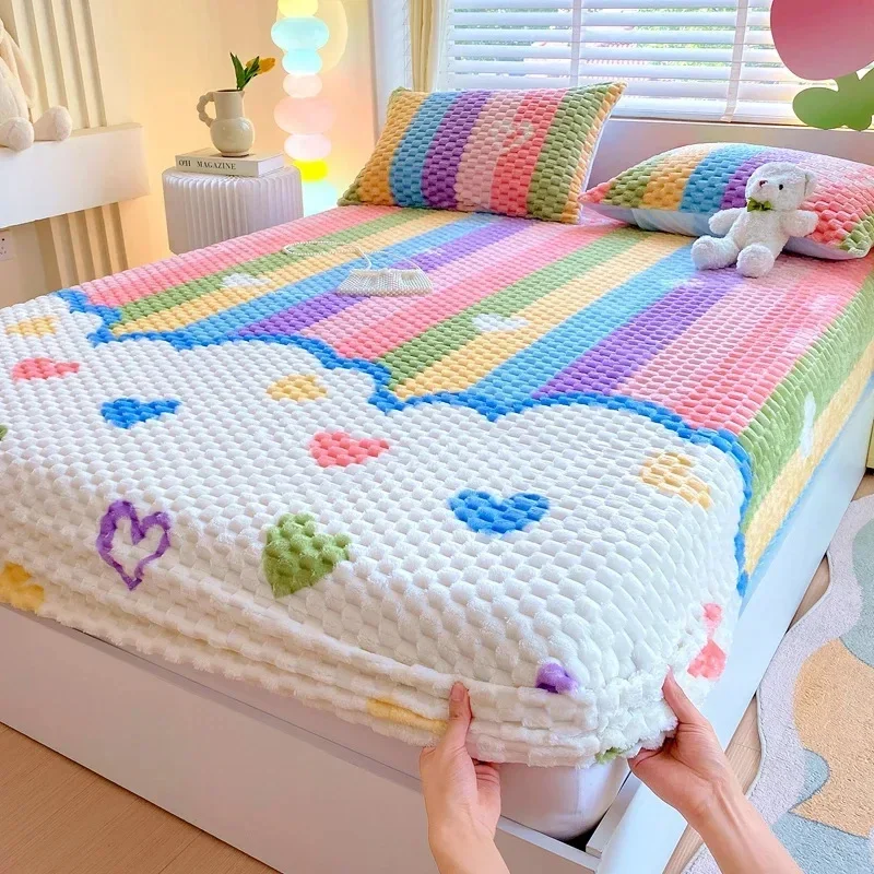 Cartoon thickened bean fleece mattress printing winter warm fleece thickened protective cover brown cushion cover bedding