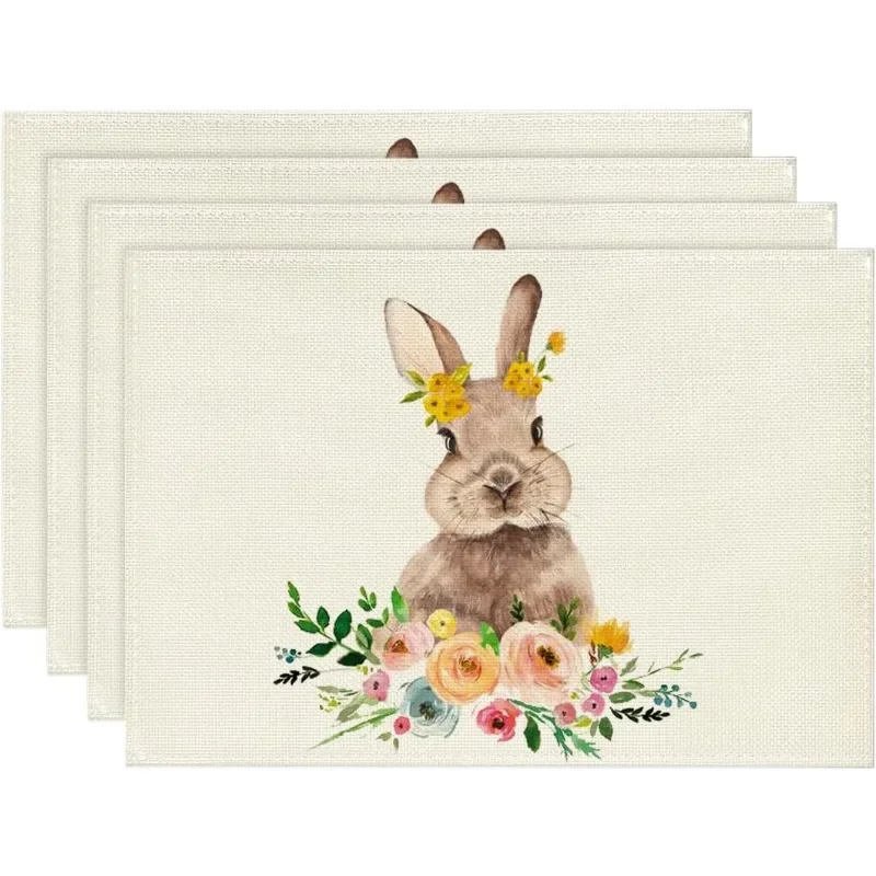 1PC Rabbit Bunny Flowers Easter Placemats for Dining Table Spring Summer Seasonal Holiday Rustic Vintage Washable Table Mat