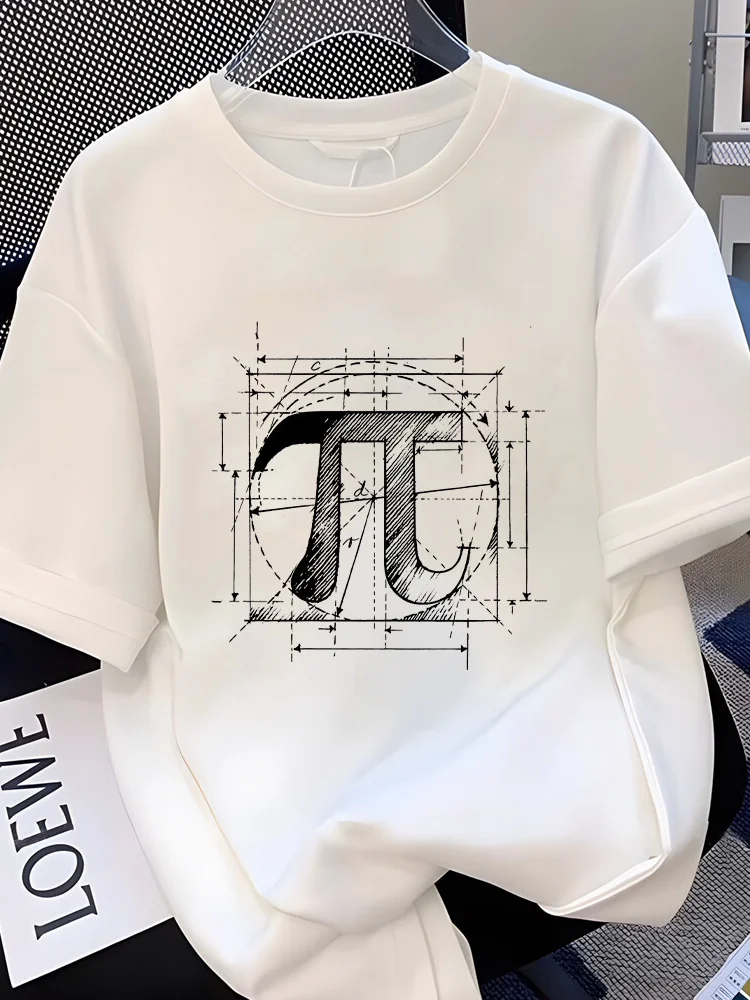 Creative Pi Mathematical Constant Print T-Shirt Pure Cotton Loose Shoulder Short Sleeve Fun Cultural Shirt for Teens And Adults