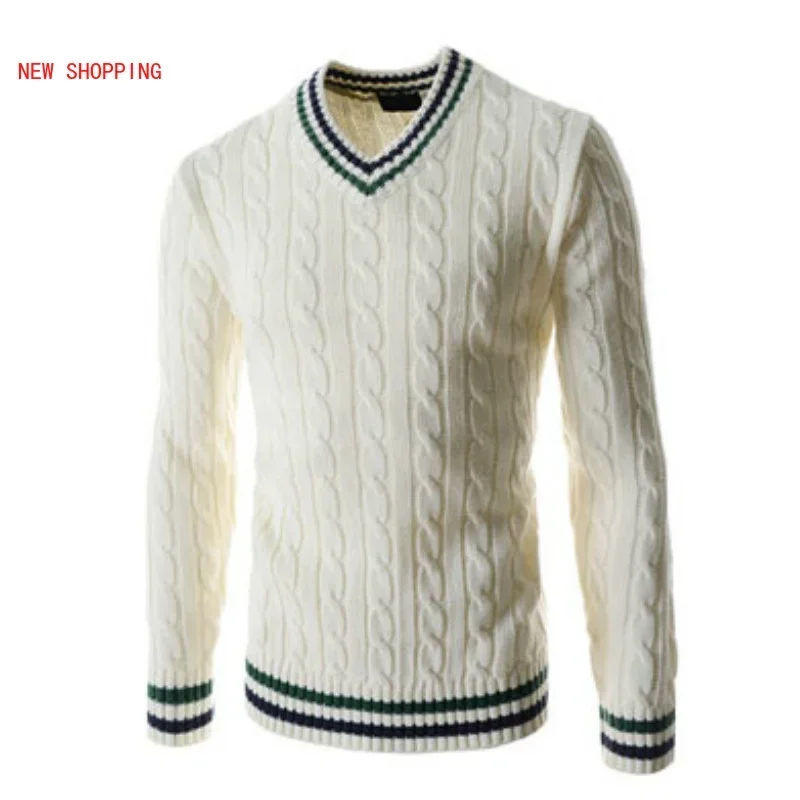 2023 New Knitted Pullover Man Knit Sweater Casual V-neck Men\'s Winter Clothing Slim Fit Korean Tops Vintage Thick Sweaters White