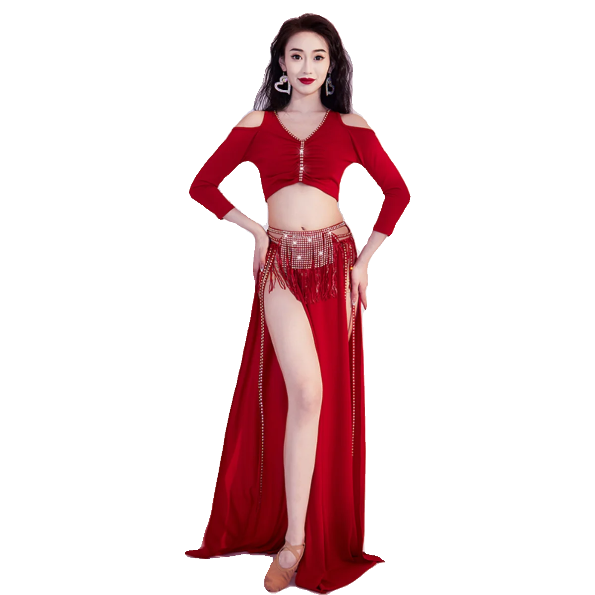 

New Belly Dance Costume Autumn/Winter Shining Diamond Tassel Split Skirt Training Set Oriental Dance Performance Costume