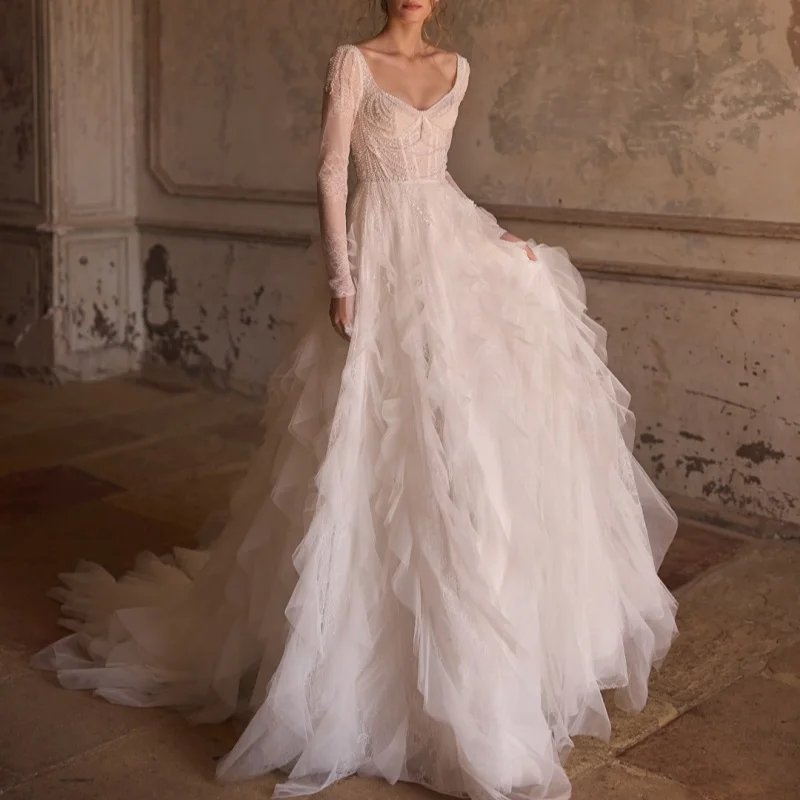 

Shiny White Appliques Wedding Dresses glitter decal off-shoulder A skirt Lace layering Gowns Made wedding dress Bridal Gown