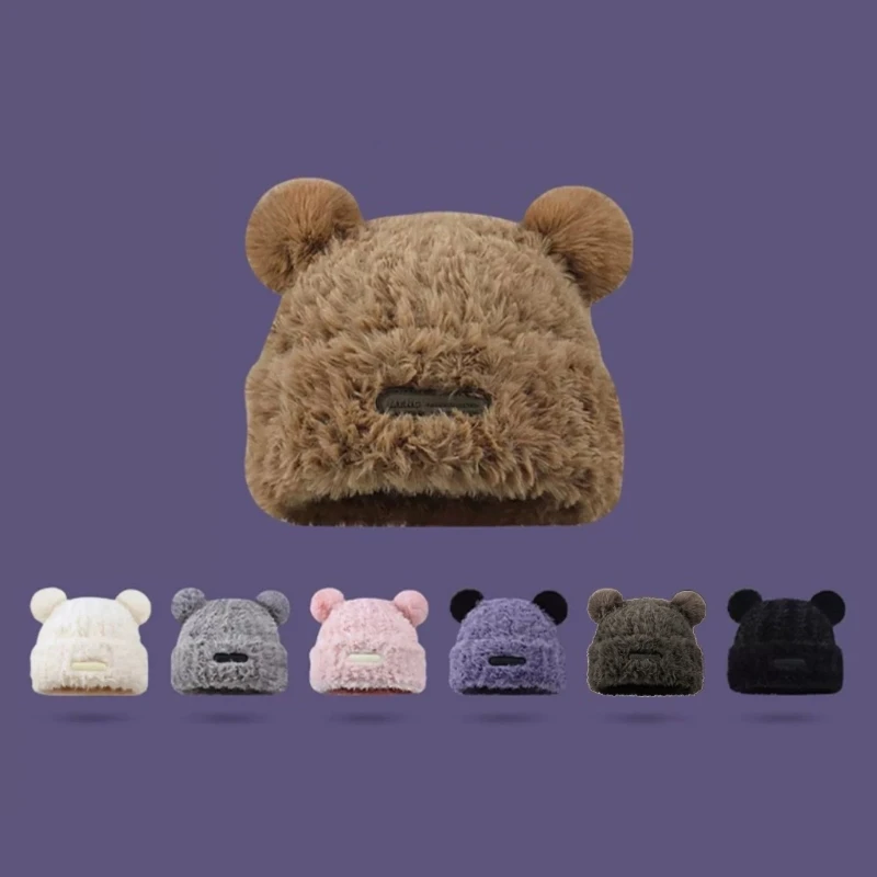 Furry Bear Beanie Colorful Buttons Headgear for Outdoors Windproof Headwear New Year Winter Christmas Party