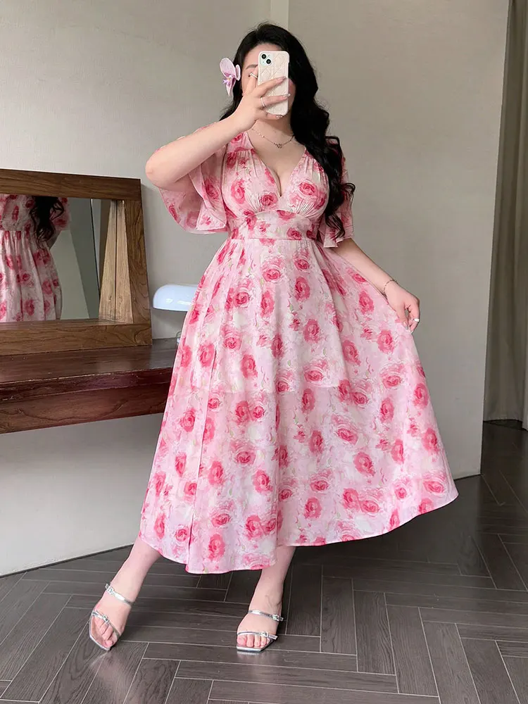 Robe longue d'été grande taille, col en v, imprimé Floral, fentes latérales, manches pétales, robe de soirée élégante, grande taille, vêtements pour femmes, nouvelle collection