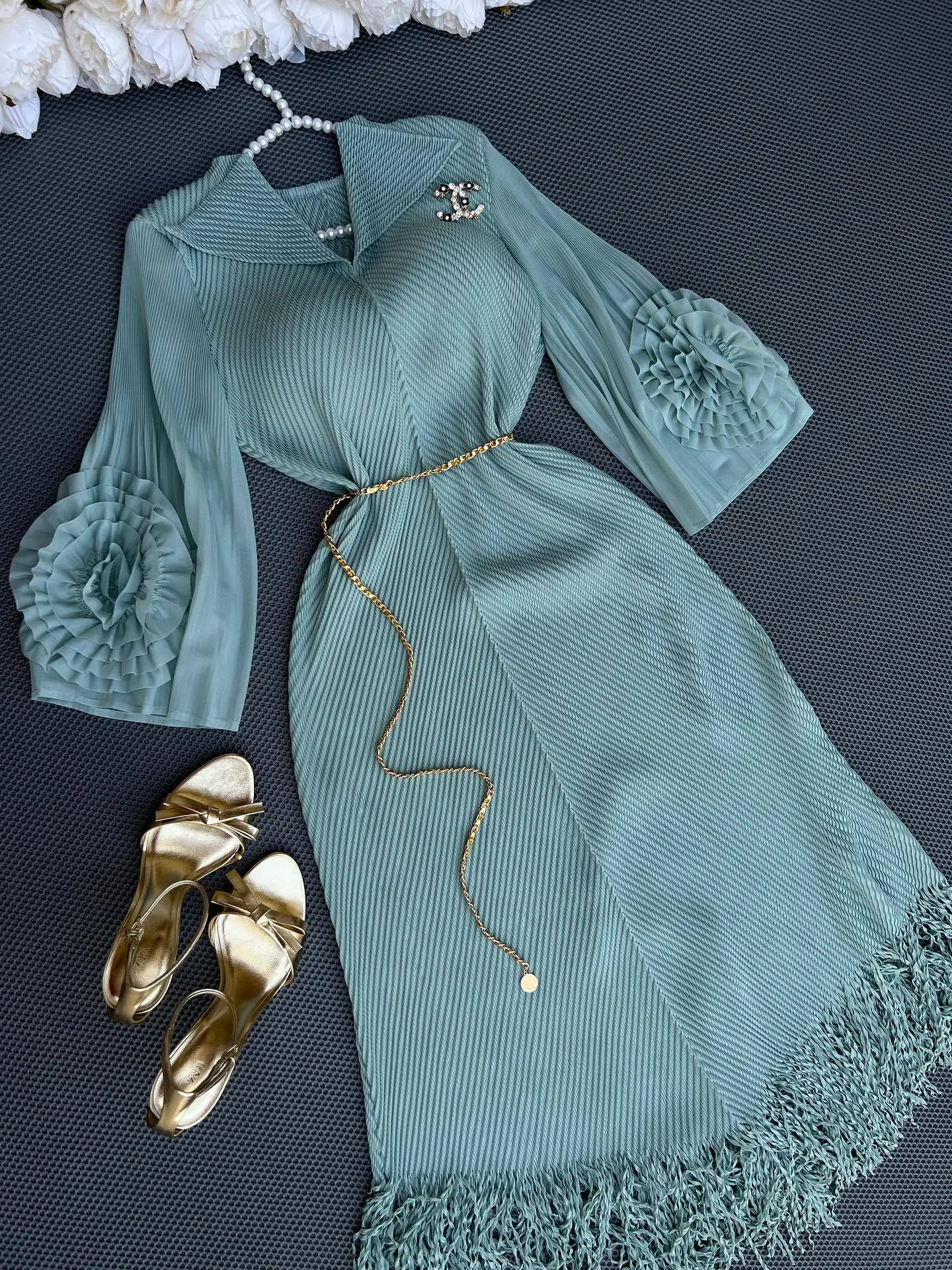 ANLAN Pleated 3D Flowers Tassel Dress Women Lapel Lace-up A Line Elegant New 2025 Loose Fashion Wedding Party Female Clothing