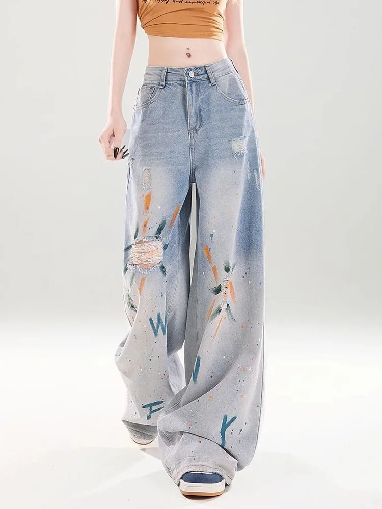 Hole Painted Vintage Jeans Women High Waist Streetwear American Hip Hop Denim Pants Loose Retro Female Pockets Print Trousers