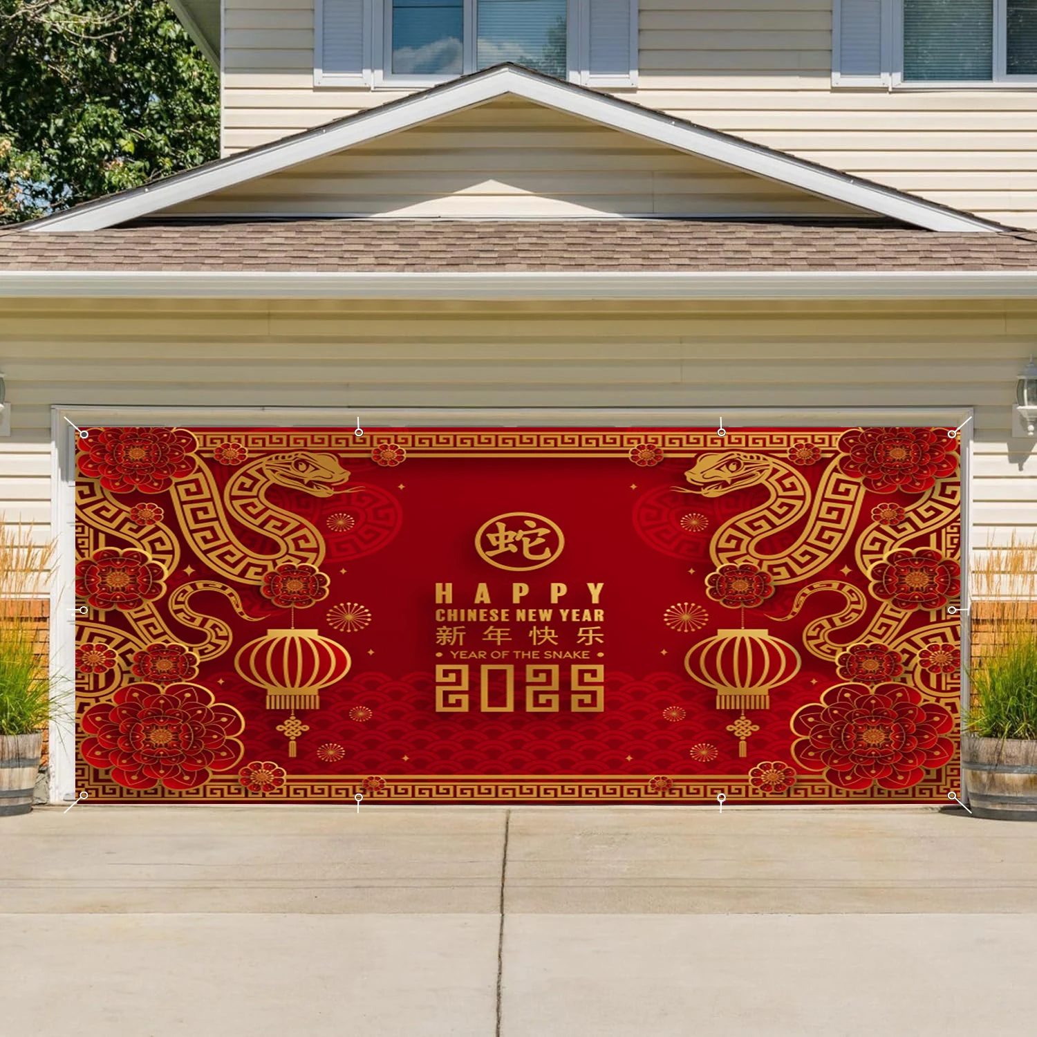 Chinese New Year Garage Door Decoration Banner Red Lantern Snake 2025 Chinese New Year Patio Background Large Size With Rope