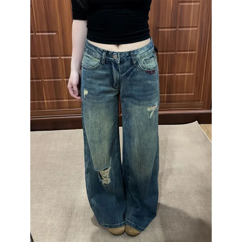 American Vintage Ripped Jeans Women High Quality Breathable Skin Friendly Washed Blue Loose Wide Leg Floor Length Denim Pants