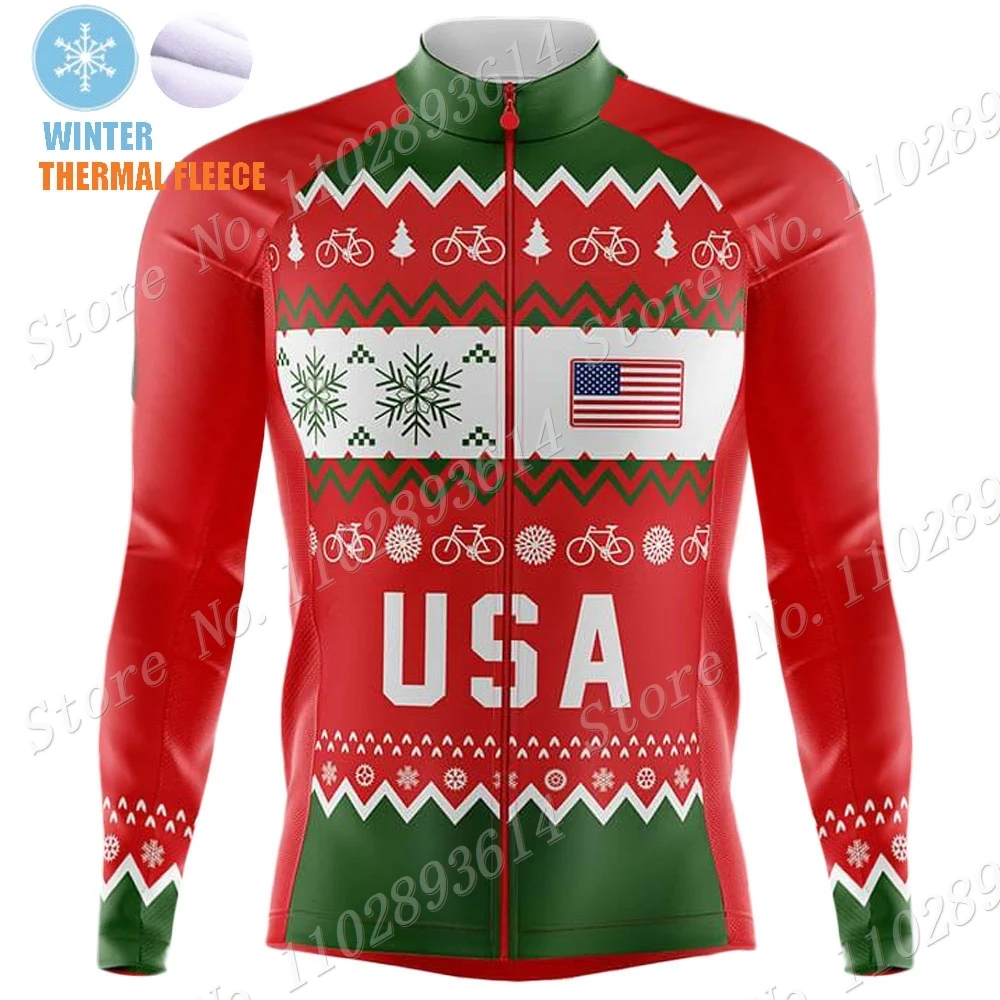 Winter Merry Christmas 2023 Team Cycling Jersey Set Long Sleeve USA Cycling Clothing Road Race Bike Jacket Suit Pants Maillot