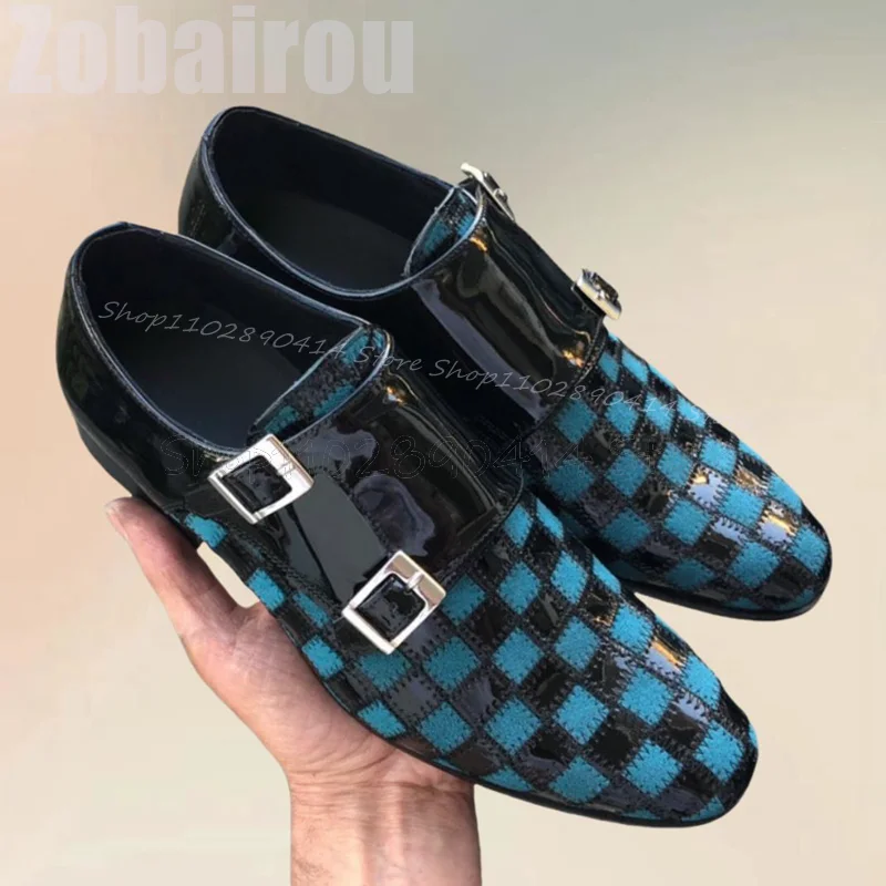 Blue Black Checkerboard Buckle Design Loafers Fashion Slip On Men Shoes Luxurious Handmade Party Banquet Dating Men Dress Shoes