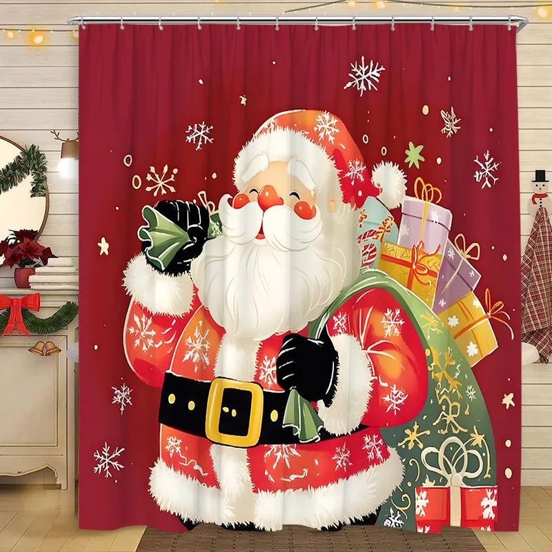 Christmas Shower Curtains Funny Santa Claus Xmas Tree Fir Branch Red Berry Birds New Year Fabric Bathroom Decor Bath Curtain Set