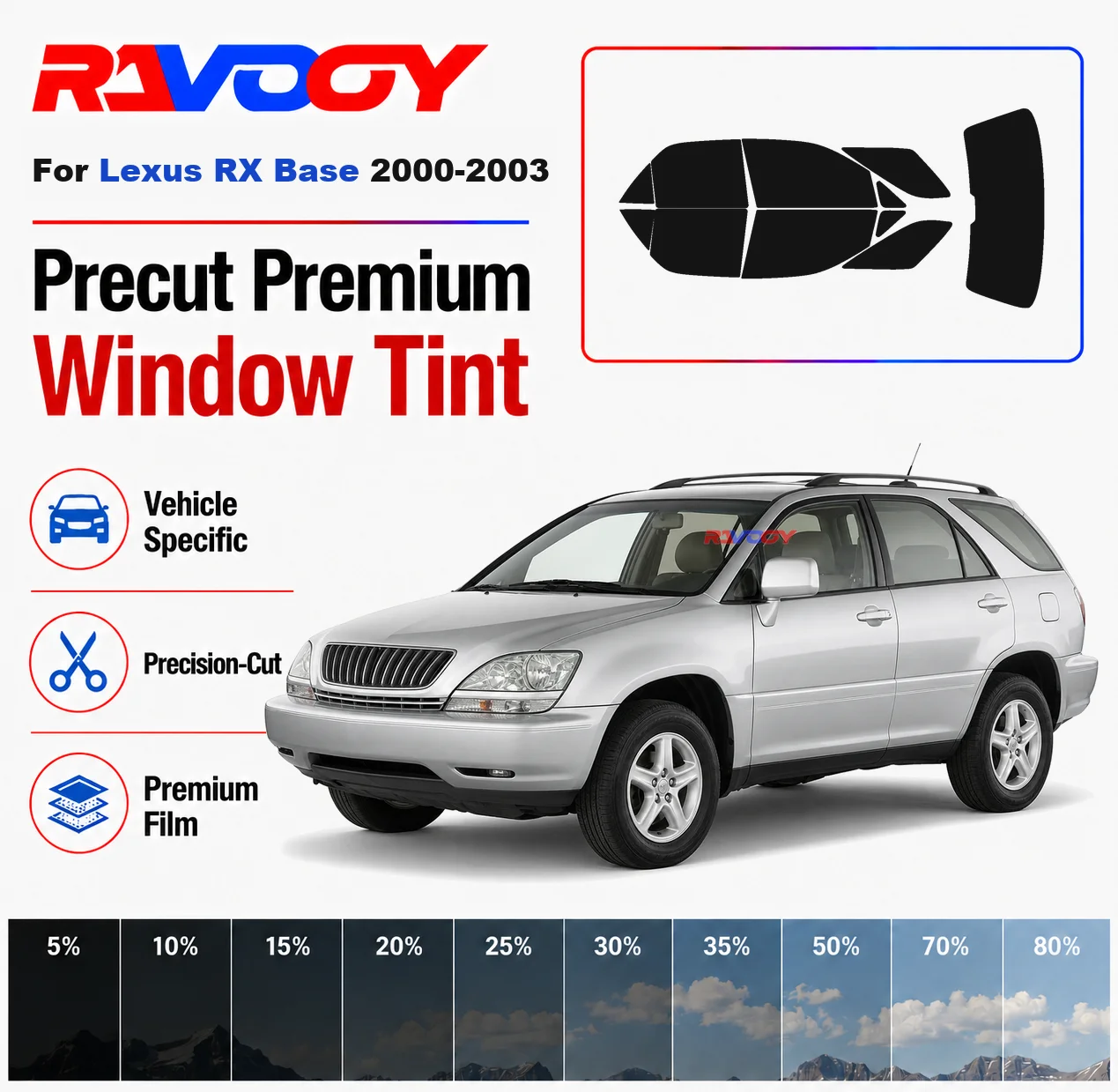 Premium Precut Window Tint Kit Front Rear Windows Rear Windshield For Lexus RX Base 2000-2003 Complete Set Nano Ceramic Film