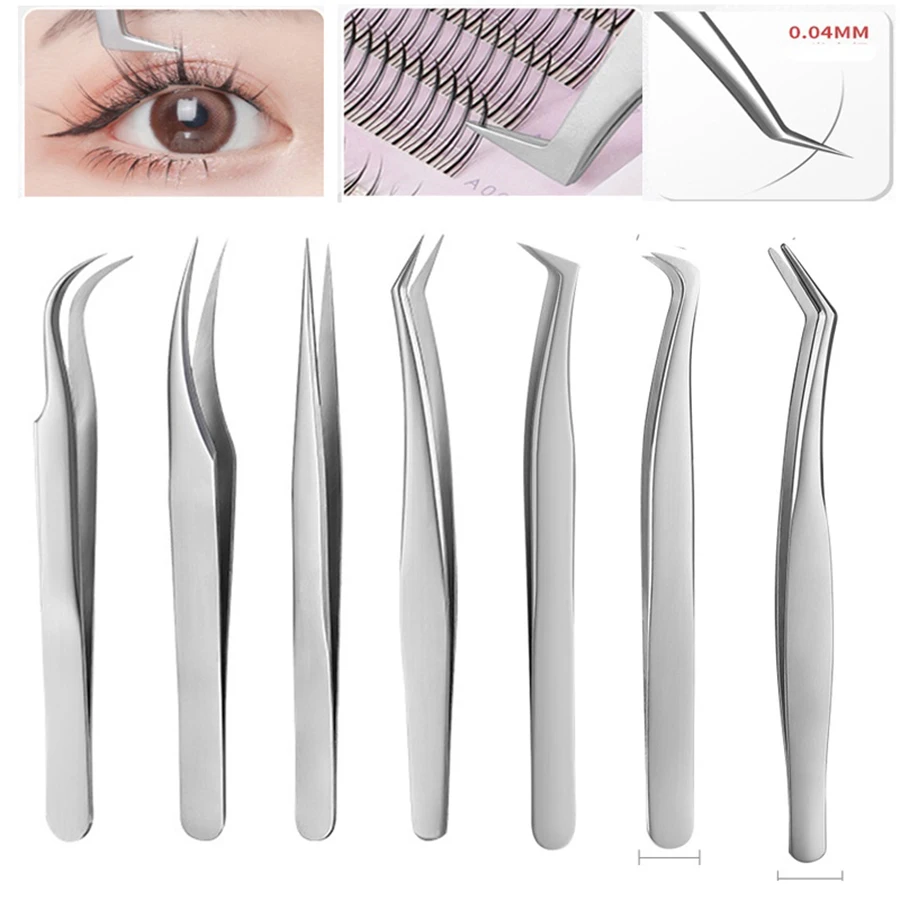 7pcs High Precision Stainless Steel Eyelash Extension Tweezers - Straight Or Curved Tip For Perfect Application - Ideal For Make