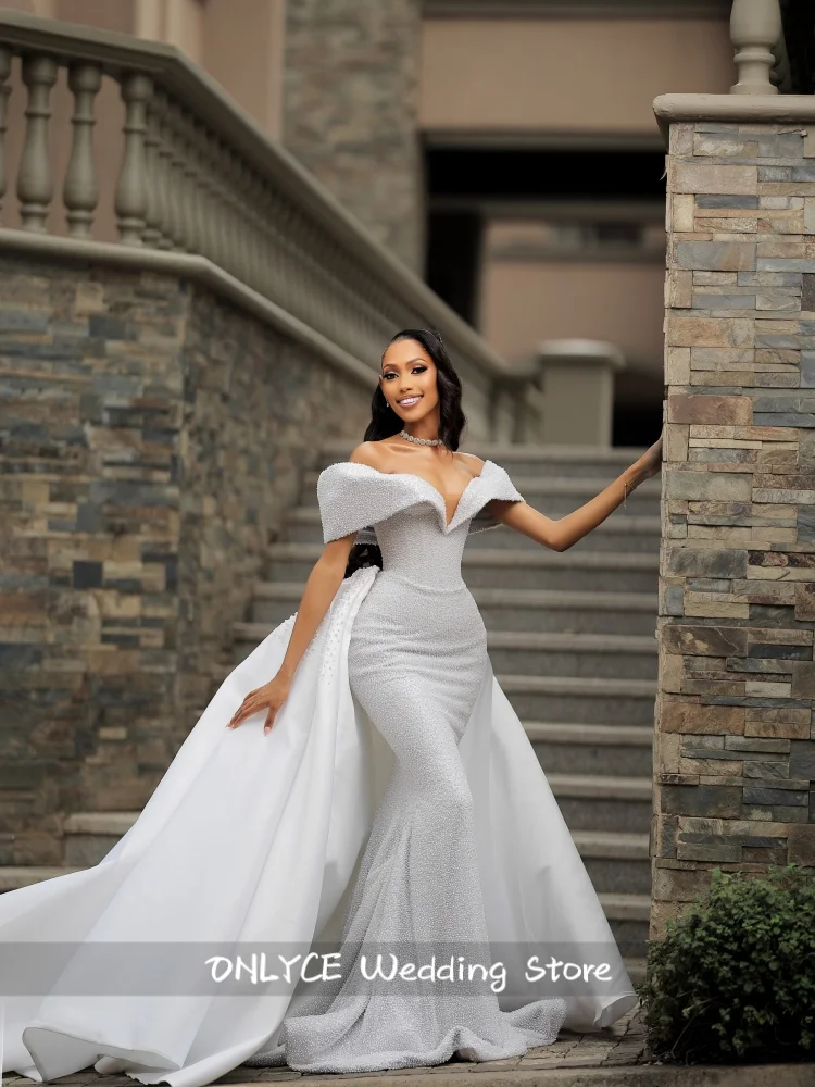 Sparkly Full Beaded Sequin Wedding Dress Off Shoulder Elegant Bridal Gown With Remove Train Mermaid vestidos de novia Customize