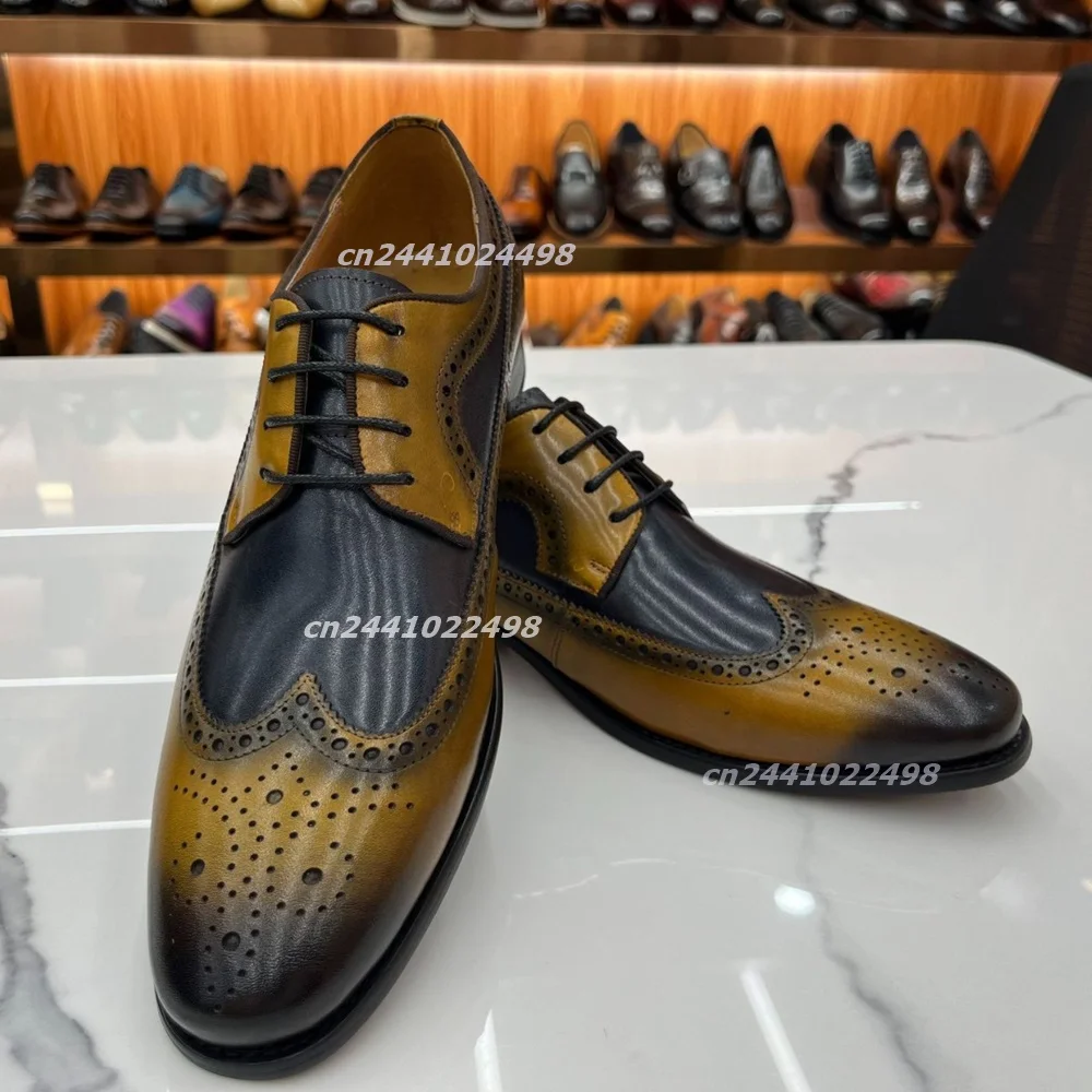 Male Lace up Brogue Formal Shoes Wingtip Punch Hole Decor Color Shaded Patchwork Surface Rounded Toe Shape, Smooth Polished Shoe
