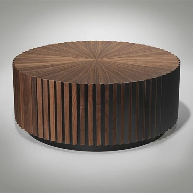 Premium Round-top Radiating-grain Solid Walnut Coffee Table With Vertical-ribbed Cabinet for Living Room Luxury Decor
