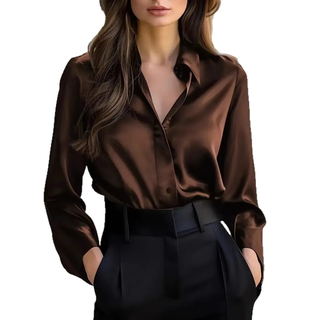 Ele Long Button-Down-Irt für Damen 2025, Sved IRT, Polyesterstoff, V-Ne Svel, andere Materialbluse für Damen