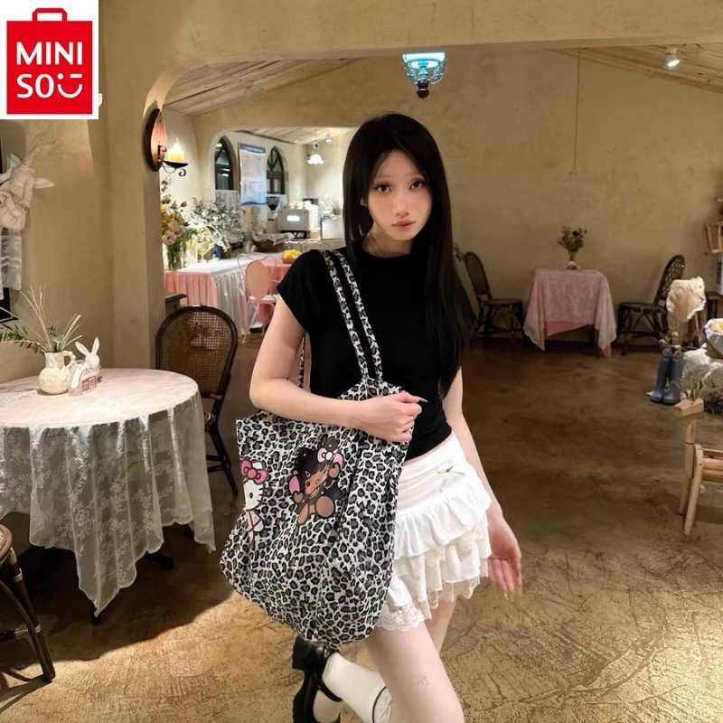 MINISO 2024 ретро новая Большая вместительная сумка Hello Kitty с леопардовым рисунком, женская мода, многофункциональная искусственная кожа