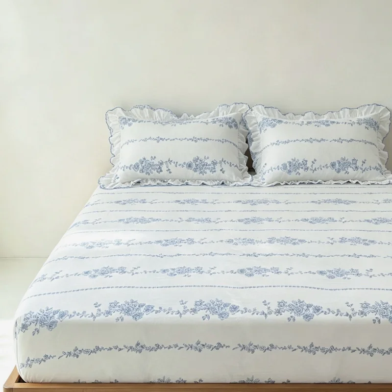 3Pcs Fitted Bed Sheet With Elastic Band Anti-slip Adjustable Mattress Cover ruffles Pillowcase without pillow core
