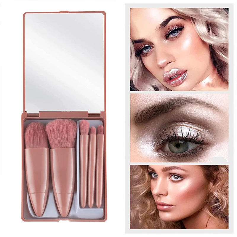 Juego de 5 brochas de maquillaje de tamaño de viaje, Mini brochas de maquillaje, Kit de brochas cosméticas de función completa pequeña con estuche y espejo Perfe