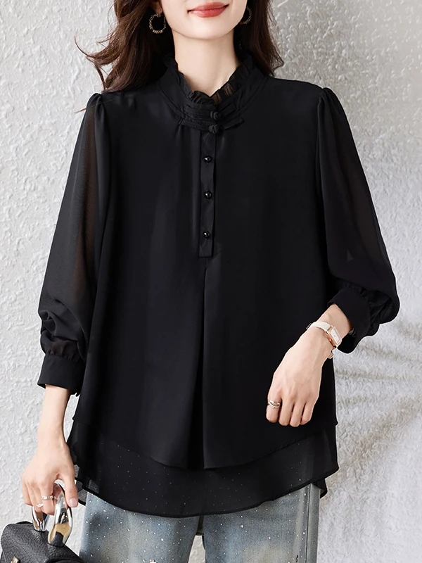 エレブラ スプライス ロングスリーブ スタンドカラー シフォン イルト レディース ファッション 春秋新作 スリープラスサイズ プロフェッショナル ブラ...