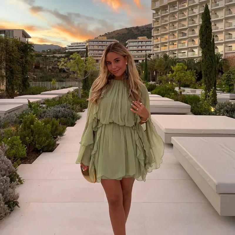 Summer Ruffles Mini Dress Women Elegant O Neck Flare Sleeve High Waist Beach Dresses Green Streetwear Female Outfits A Line Robe